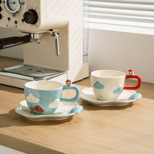 Ceramic Coffee Cups And Saucers, Creatively Designed Interesting Relief Cloud-Shaped 3D Small House, for Afternoon Tea, A Set