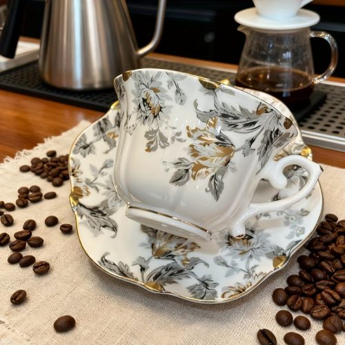 New Chinese Style Hexagonal Golden-Trimmed Catkin Flower and Leaf Ceramic Cup and Saucer Set, Coffee Cup, Tea Cup, Mug, High-Quality Aristocratic Style