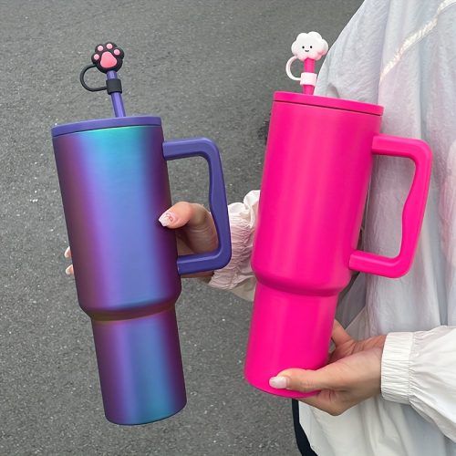 1pc Ice King Cupu002F40oz Stainless Steel Double-Wall Vacuum Insulated Large Capacity Car Water Bottleu002FMultiple Color Options with Straw Cap and Wide Handle