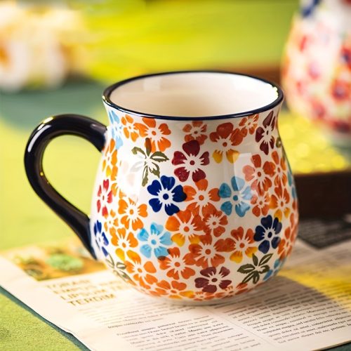 1pc Elegant Hand-Painted Floral Ceramic Mug with Handle - Microwave Safe, Insulated for Hot & Cold Drinks, Perfect for All Seasons - Ideal Gift for Christmas, Weddings, Birthdays, Valentine's Day - Unique Coffee Accessory, Coffee Bar Accessories
