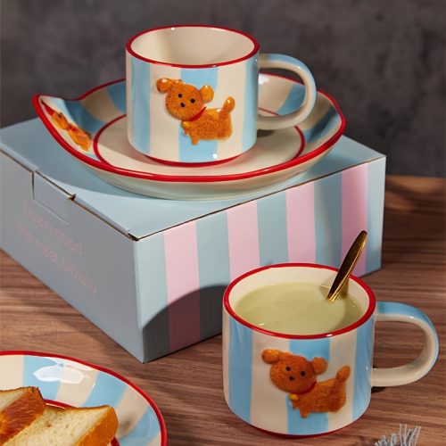 1pc Hand-Painted High-Value Dog Ceramic Mug, Creative Striped Embossed Dog Mug, Suitable for Christmas Party Drinking Cup, Cute Breakfast Milk Oatmeal Cup, Afternoon Tea Coffee Cup, Gift
