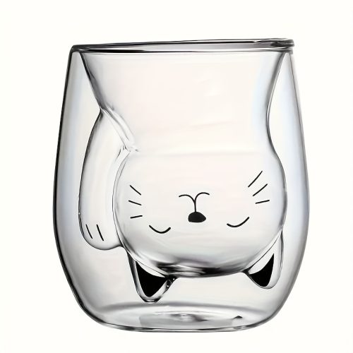 Adorable Cat Mug Double-Walled Adorable Cat Glass Coffee Mug | Reusable Oval Drinkware for Family Use, Ideal for Personal Birthday and Holiday Gifts, Hand Wash Only, Animal Print